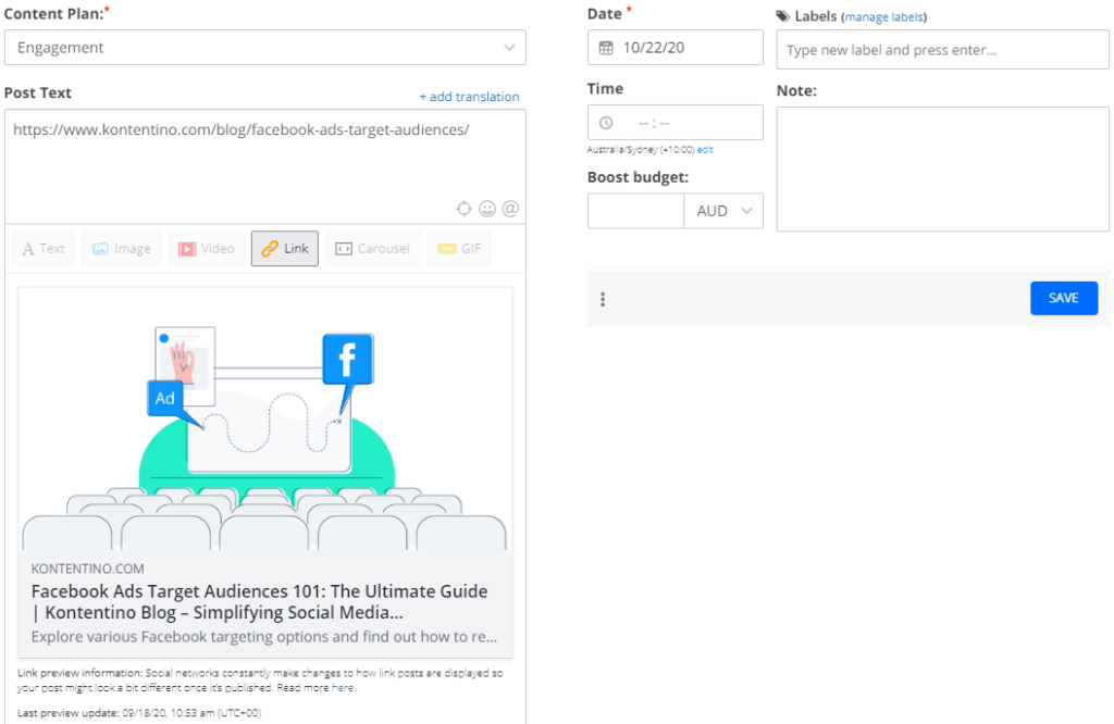 Adding a new link sharing post to a content plan