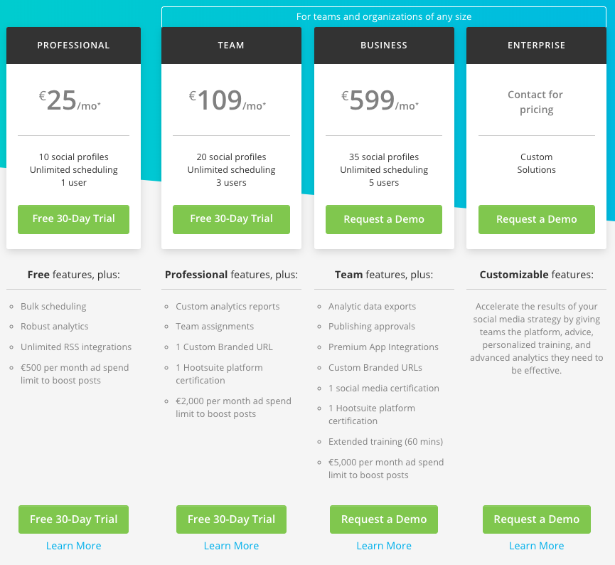 Hootsuite plans pricing